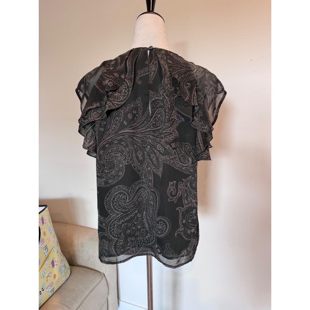 W by Worth Women Dark Olive Paisley Ruffle Flutter Sleeve Blouse Size 8 - Picture 3 of 4